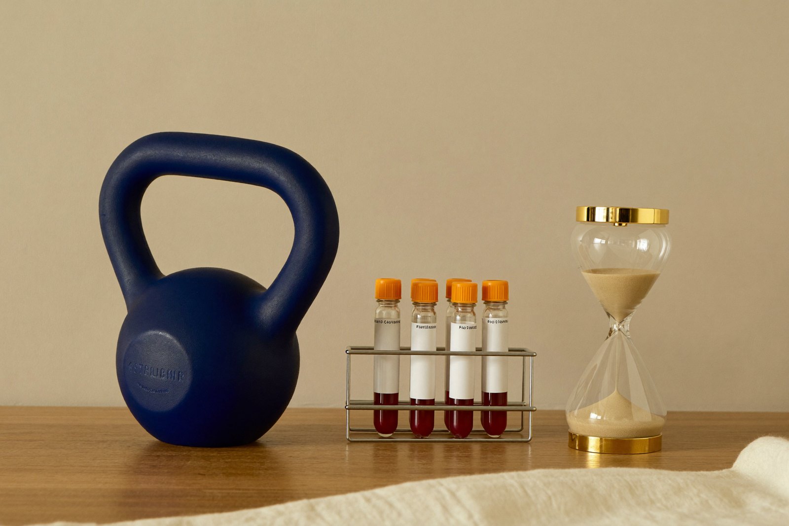 Eine dunkelblaue Kettlebell, ein Ständer mit vier Blutröhrchen und eine goldene Sanduhr auf einem hellen Holztisch vor einer cremefarbenen Wand.
