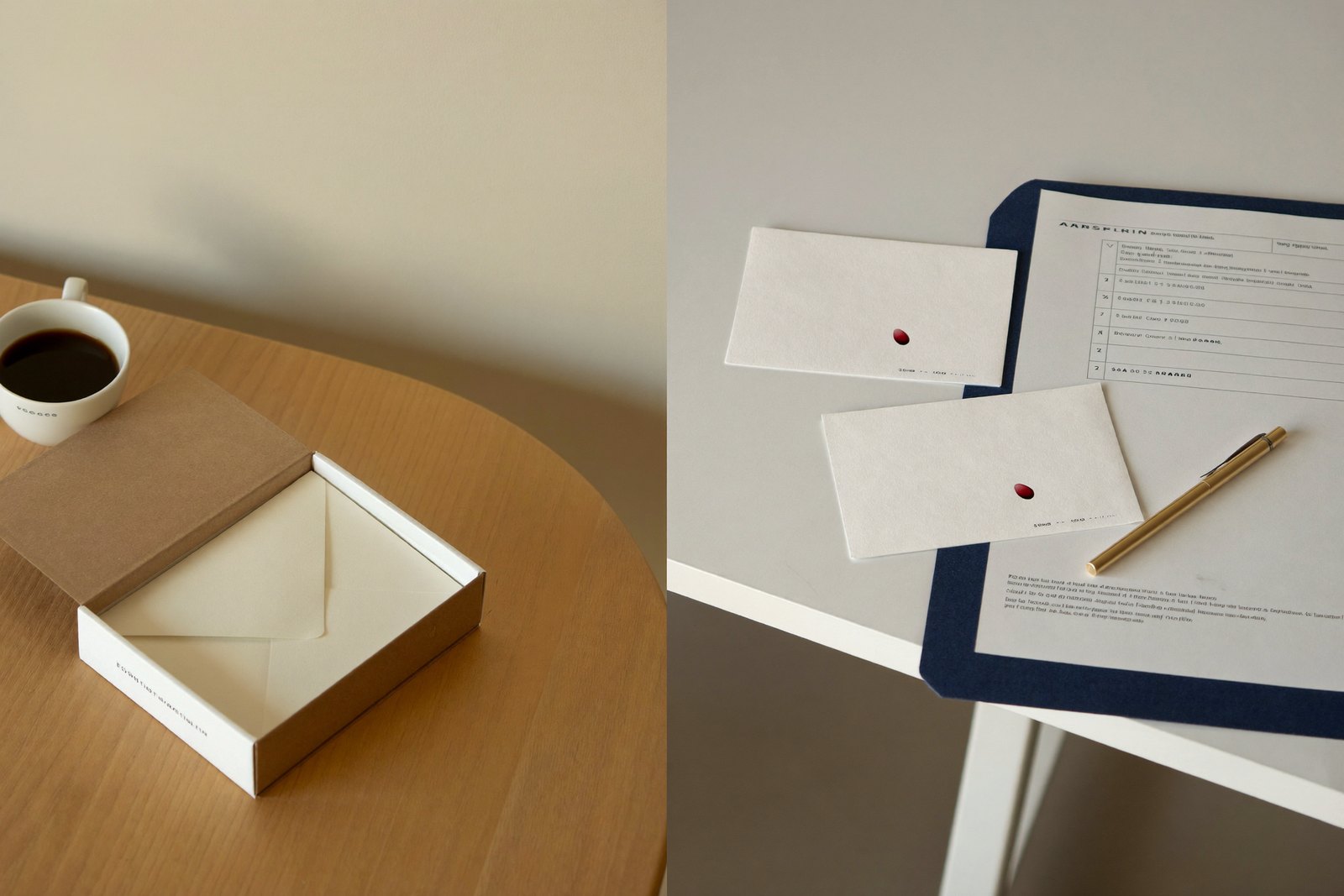 Zwei Szenen nebeneinander: links ein geöffneter Versandkarton mit Testkit und Kaffeetasse auf einem Küchentisch, rechts zwei Trockenblutkarten mit Blutstropfen neben einem Befundblatt und einem goldenen Stift auf einem Praxistisch.