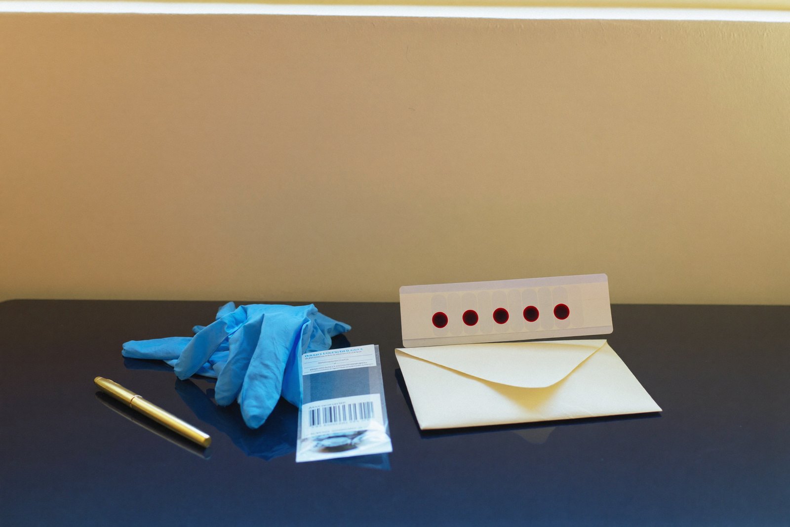 Eine Trockenblutkarte mit fünf Blutstropfen, eine verpackte Stechhilfe, ein heller Umschlag, blaue Handschuhe und ein goldener Stift auf einem dunklen Praxistisch.