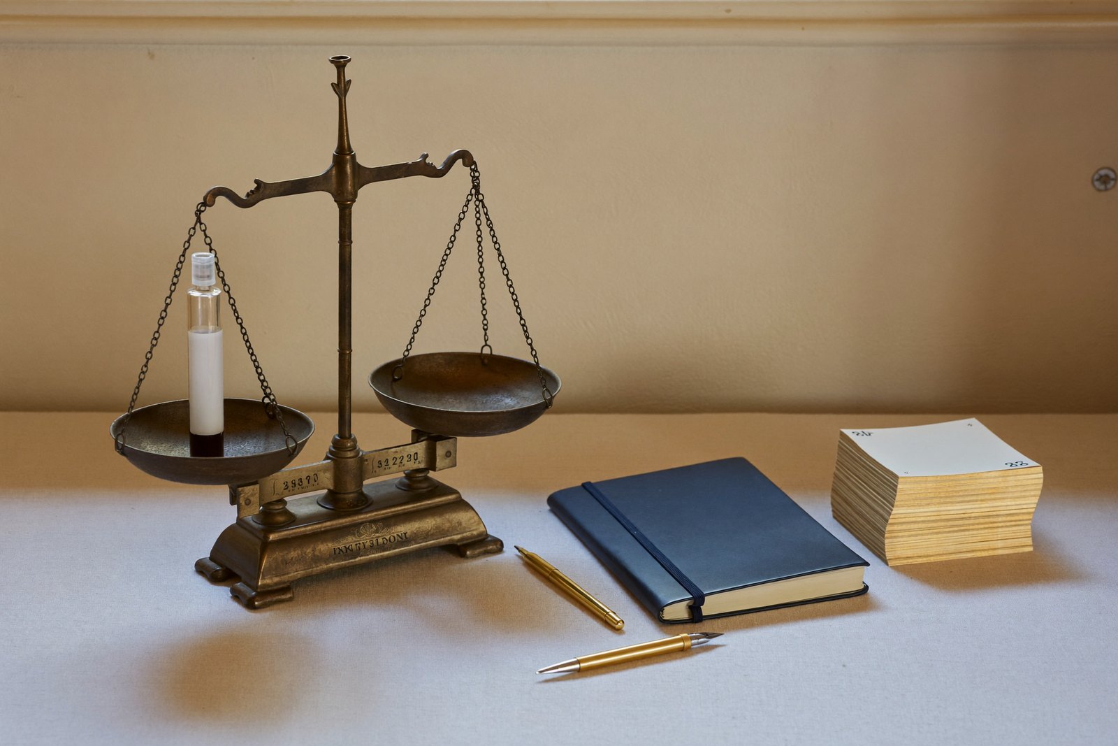 Eine alte Balkenwaage auf einem cremefarbenen Tisch: links ein Blutröhrchen, rechts ein Stapel heller Karten mit Goldkante, daneben ein dunkelblaues Notizbuch und zwei goldene Stifte.