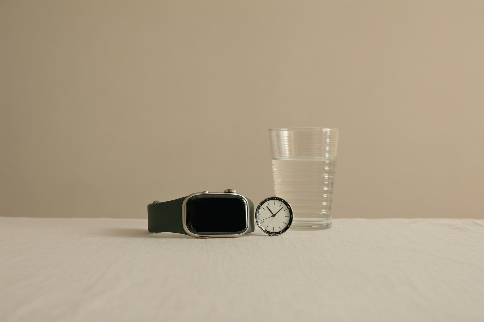 Eine moderne Smartwatch liegt neben einer analogen Uhr auf hellem Leinenstoff im ruhigen Morgenlicht.