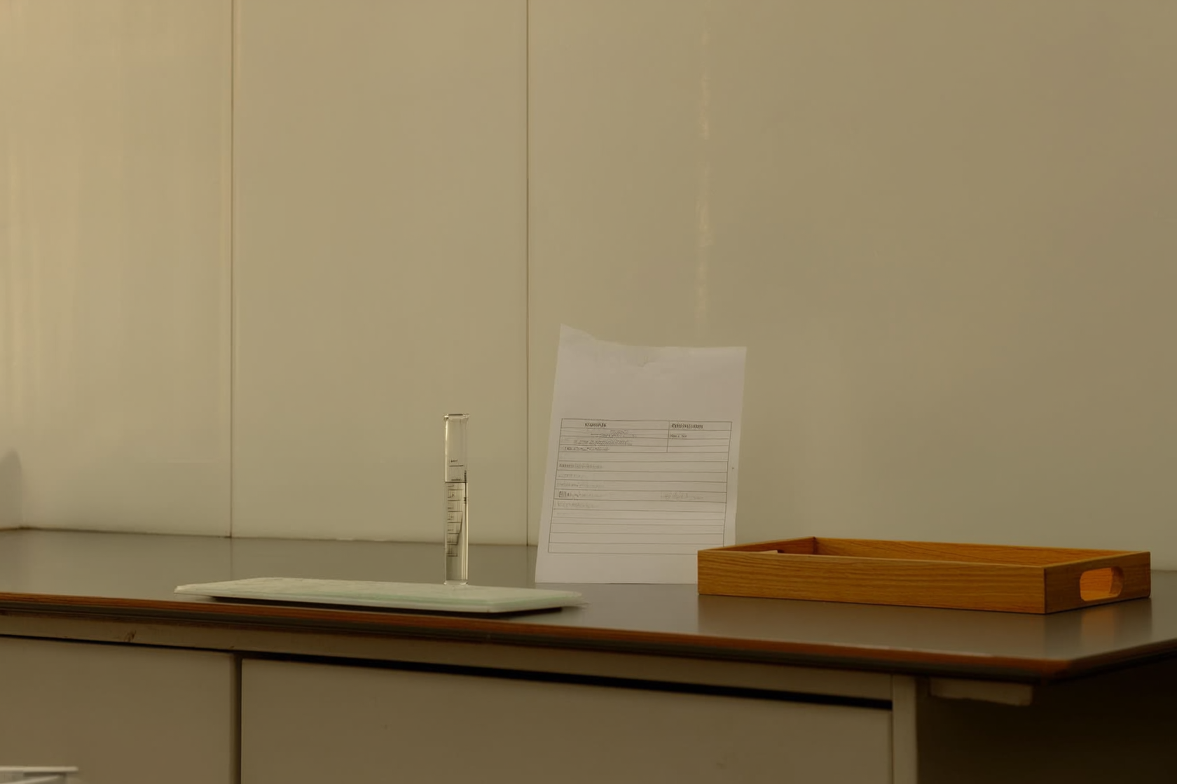 Ein Glasfläschchen mit klarer Flüssigkeit und ein leeres Laborblatt auf einem Holztablett vor einer ruhigen, gleichmäßigen Hintergrundwand.