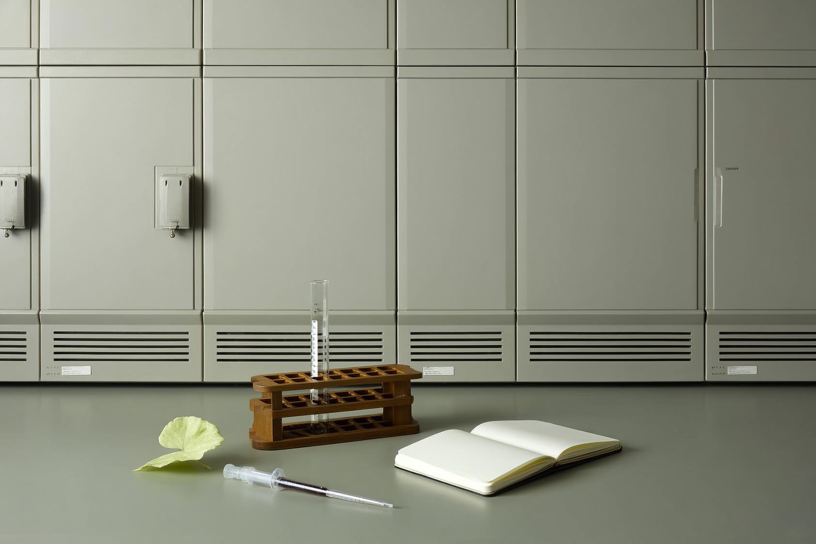 Einzelnes Reagenzglas in einem Holzständer auf einer Laborfläche, daneben ein aufgeschlagenes Notizbuch mit leerer Seite und ein Pipettenhalter im weichen Seitenlicht.